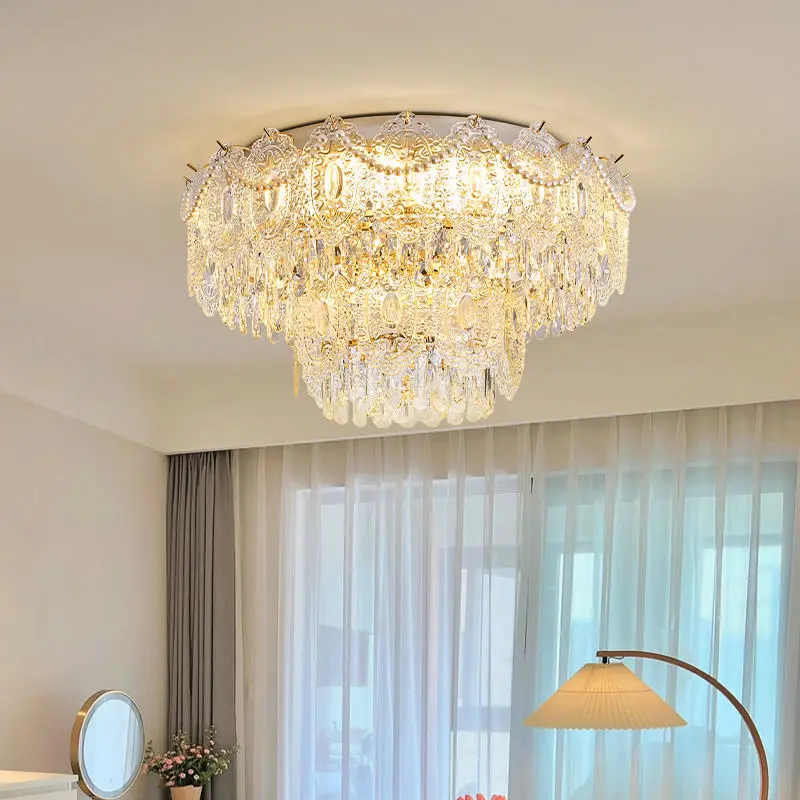 French Luxury Gold Crystal Iron Glass LED Ceiling Lamp for Living Room Rectangle Dimmable Bedroom Hotel Lobby Ceiling Li — view 6