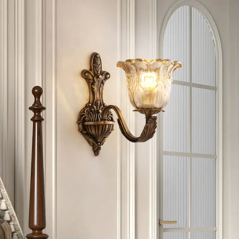 Home Bedroom Banquet Hall Led Wall Light Luxury LED Copper Glass Sconce Hotel Entrance Porch LivingRoom Outdoor Garden W — view 3