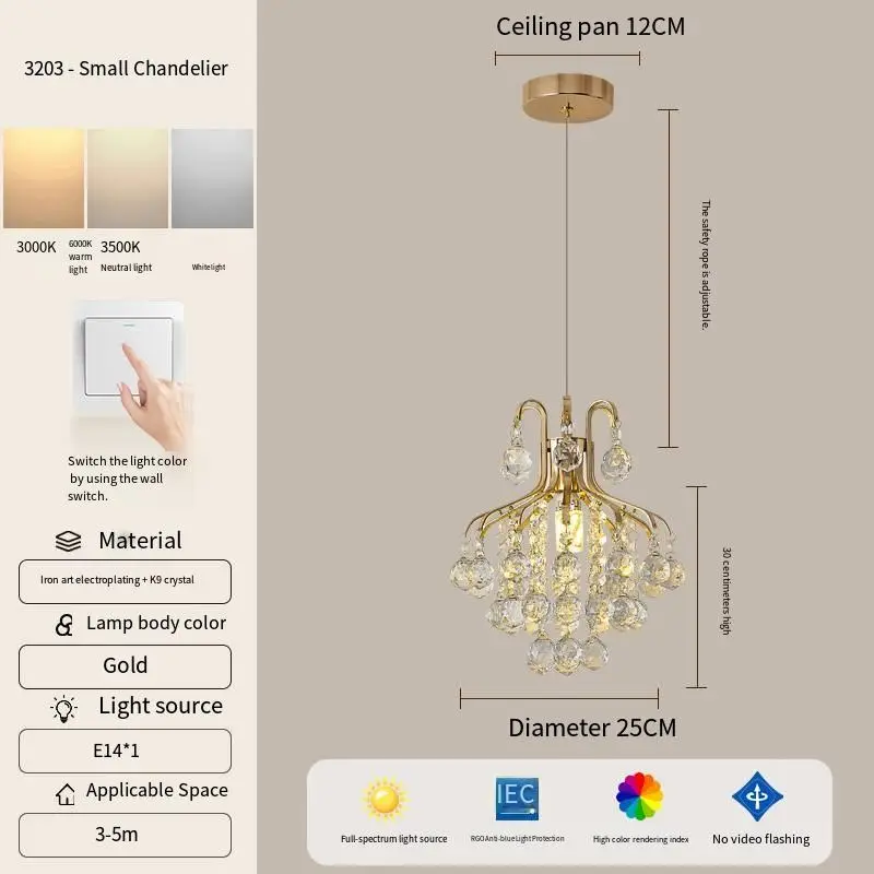 Luxury Crystal Small Night Light LED Bar Pendant Home Room Decor Hanging Chandelier Lamp Adjustable Height Dimmable Eye- — view 5