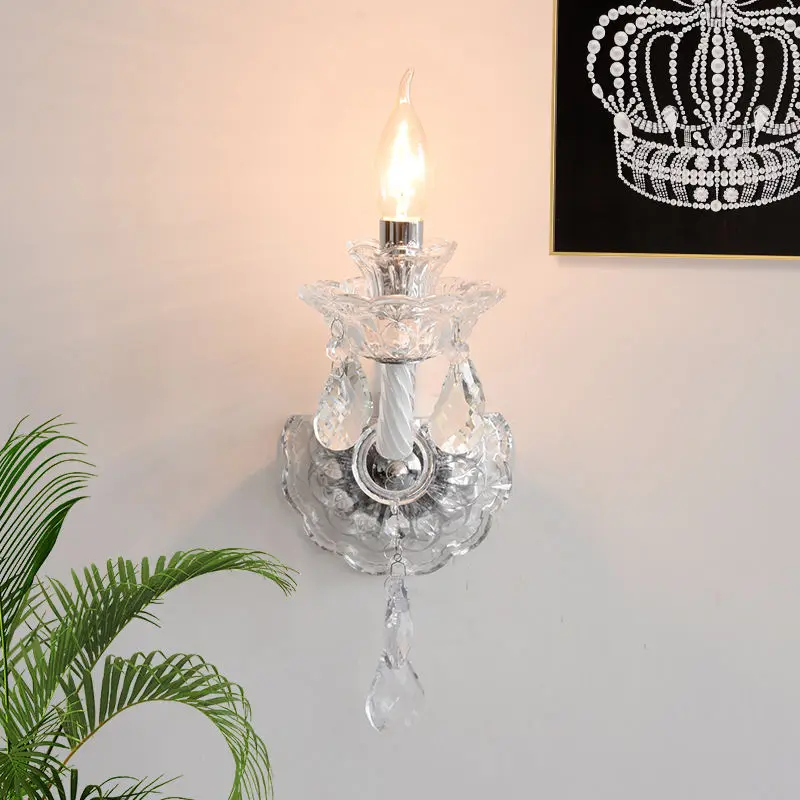 Luxury Romantic Street Wall Ambiance Wrought Iron Crystal Bedside Lamp White Middle LED Suspended Hotel Background Candl — view 2