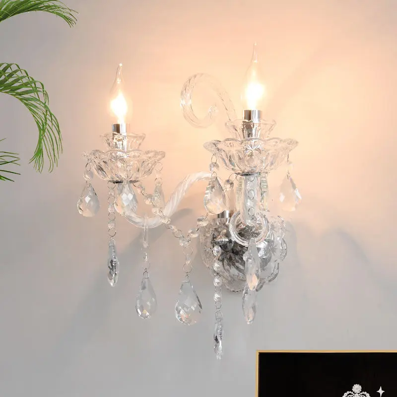 Luxury Romantic Street Wall Ambiance Wrought Iron Crystal Bedside Lamp White Middle LED Suspended Hotel Background Candl — view 3