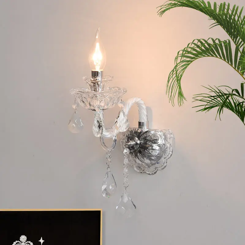 Luxury Romantic Street Wall Ambiance Wrought Iron Crystal Bedside Lamp White Middle LED Suspended Hotel Background Candl — view 4