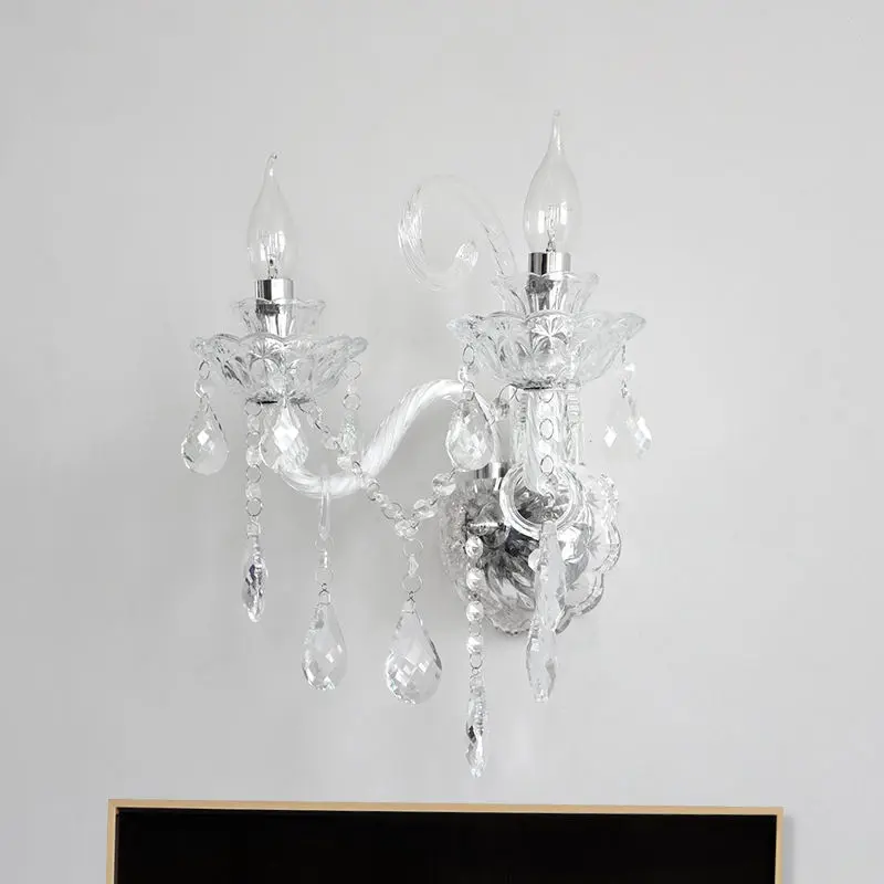 Luxury Romantic Street Wall Ambiance Wrought Iron Crystal Bedside Lamp White Middle LED Suspended Hotel Background Candl — view 5