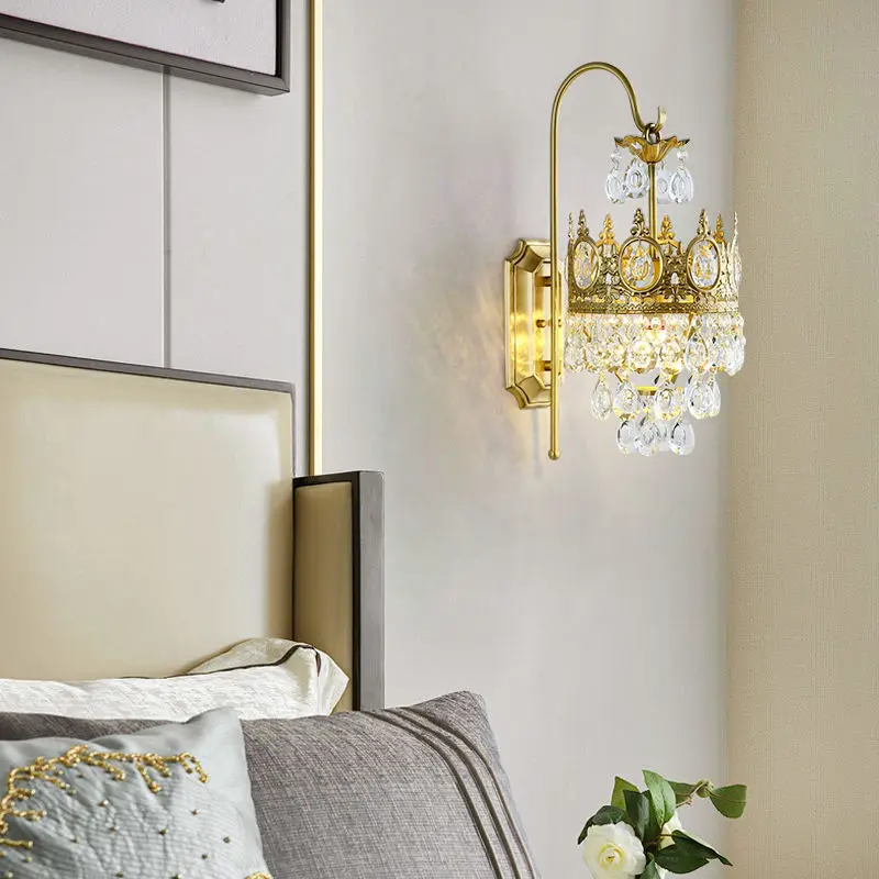 Modern Luxury LED Crystal Wall Lamp Sconce Contemporary Design Dimmable Gold Shade for Hotel Entrance Porch Bedroom Livi — view 5