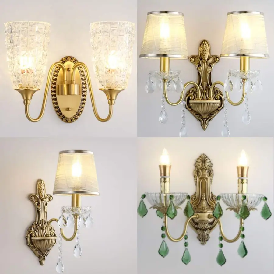 Villa Luxury Copper Crystal Wall Lamp Sconce Entrance Porch Bedside bar Hotel Wedding Hallway LED Wall Light Modern Hall — view 3