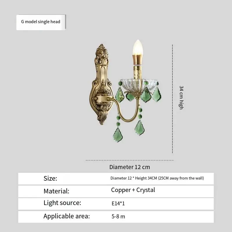 Villa Luxury Copper Crystal Wall Lamp Sconce Entrance Porch Bedside bar Hotel Wedding Hallway LED Wall Light Modern Hall — view 6