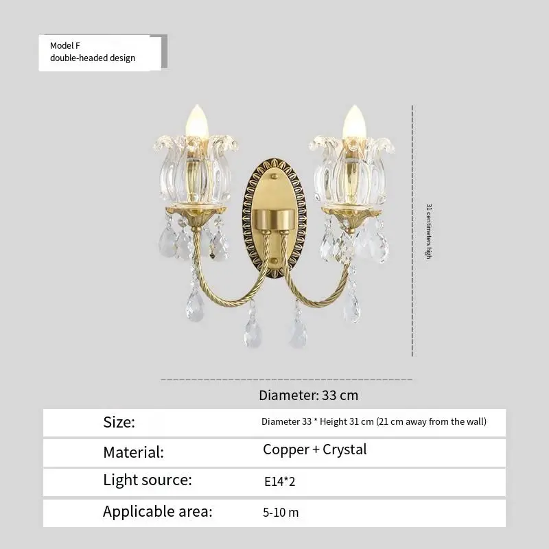 Modern Luxury LED Wall Lamp with Copper Crystal Gold Shade Dimmable for Living Room Bedroom Hotel Hallway Entrance Porch — view 3