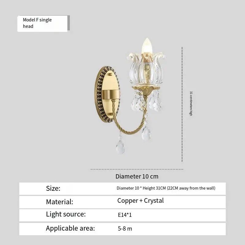 Modern Luxury LED Wall Lamp with Copper Crystal Gold Shade Dimmable for Living Room Bedroom Hotel Hallway Entrance Porch — view 6