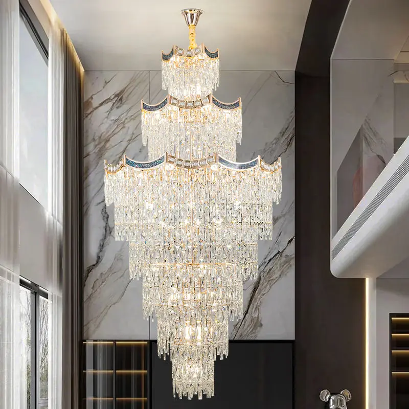 Luxury Large Gold K9 Crystal Villa Home Staircase Banquet Hall Chandelier Pendant Light Corridor Lighting for Hotel Lobb — view 1