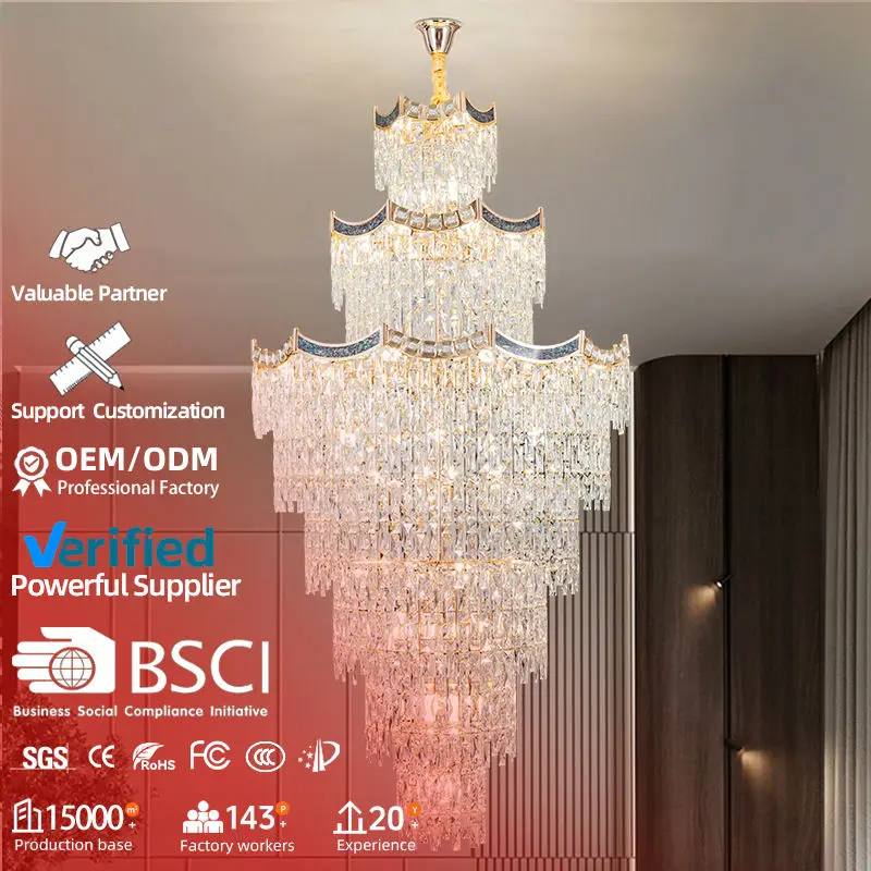 Luxury Large Gold K9 Crystal Villa Home Staircase Banquet Hall Chandelier Pendant Light Corridor Lighting for Hotel Lobb — view 2