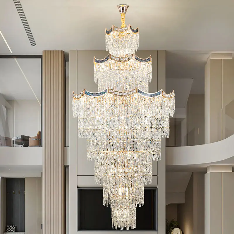 Luxury Large Gold K9 Crystal Villa Home Staircase Banquet Hall Chandelier Pendant Light Corridor Lighting for Hotel Lobb — view 3