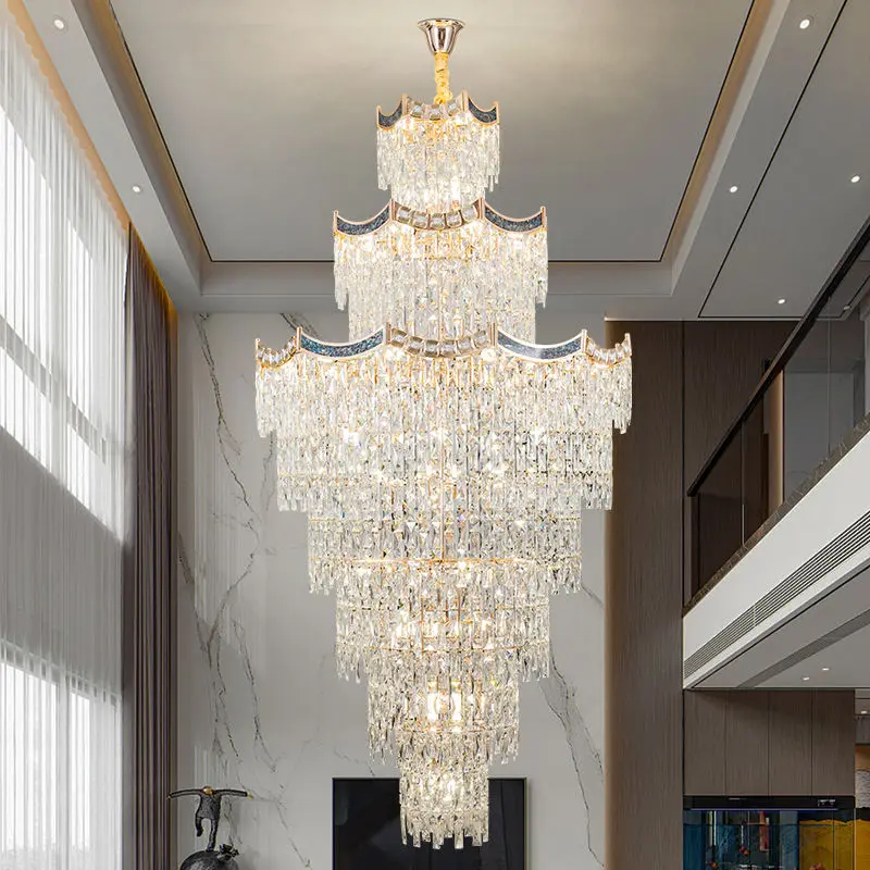 Luxury Large Gold K9 Crystal Villa Home Staircase Banquet Hall Chandelier Pendant Light Corridor Lighting for Hotel Lobb — view 4