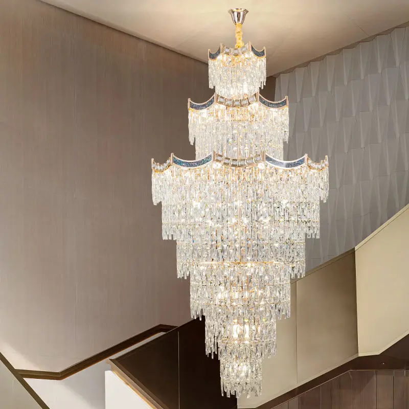 Luxury Large Gold K9 Crystal Villa Home Staircase Banquet Hall Chandelier Pendant Light Corridor Lighting for Hotel Lobb — view 5
