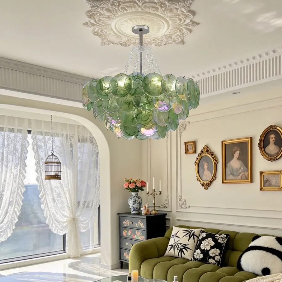 French Luxury Pendant Lamp Villa Wedding Banquet Hall Iron Blue Glass Ceiling Chandelier Light for Hotel Living Room Bed — view 2