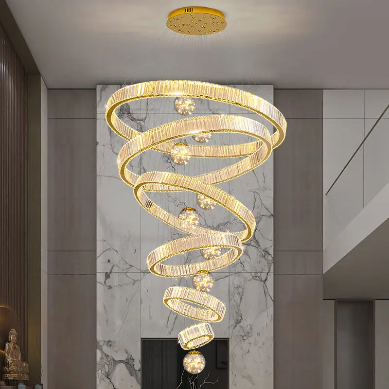 Luxury Large Stairs Led Golden Villa Round Chandelier Light for Hotel Living Room Banquet Hall Creative Hanging Pendant — view 1