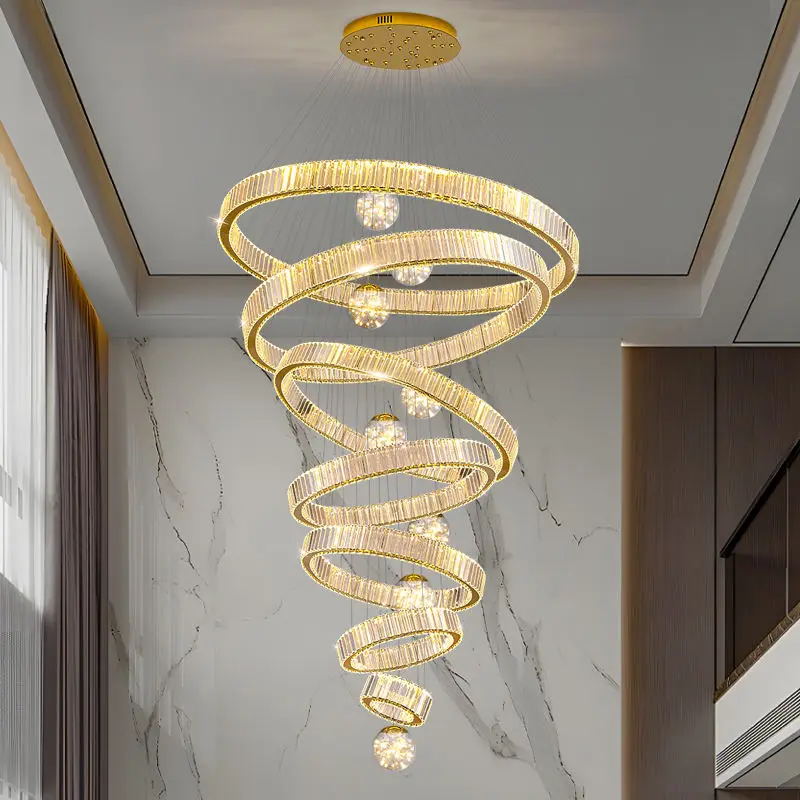 Luxury Large Stairs Led Golden Villa Round Chandelier Light for Hotel Living Room Banquet Hall Creative Hanging Pendant — view 2