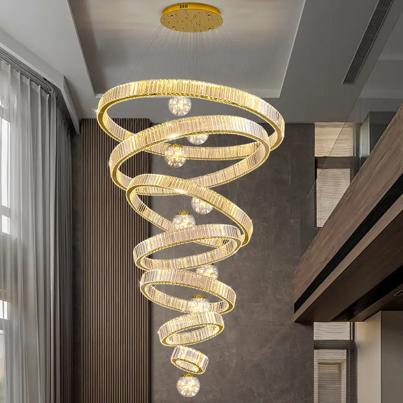 Luxury Large Stairs Led Golden Villa Round Chandelier Light for Hotel Living Room Banquet Hall Creative Hanging Pendant — view 4