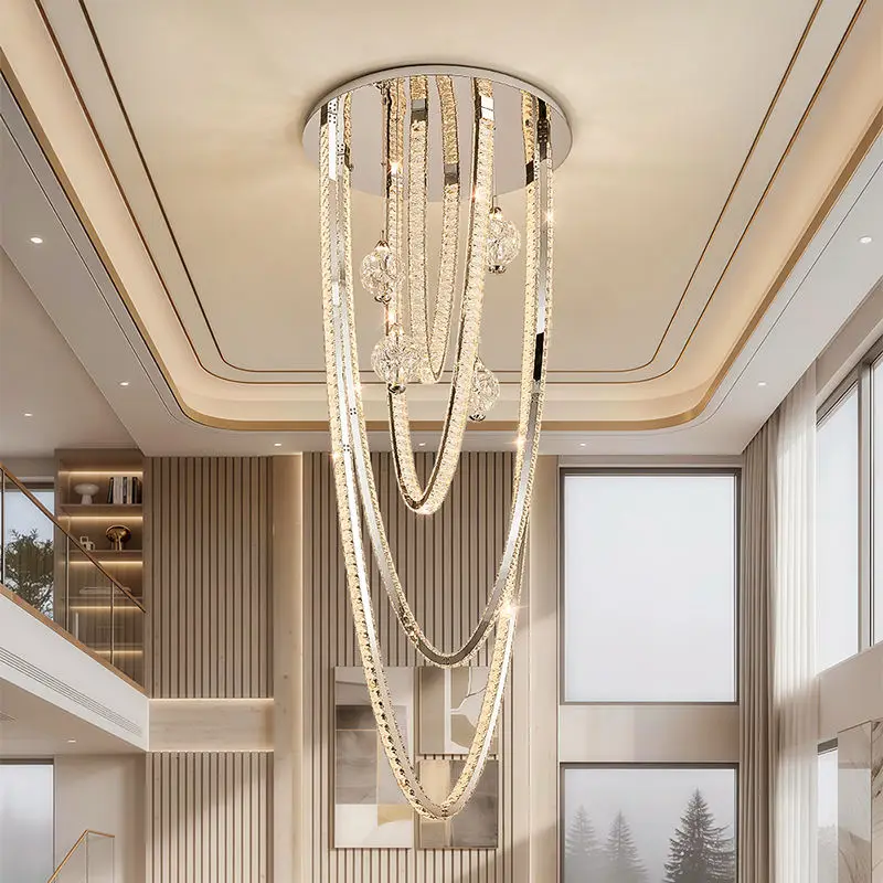 Luxury Led Stair Crystal Chandelier Light Villa Duplex Living Room Loft Apartment Hotel Banquet Hall Hollow Ceiling Pend — view 1