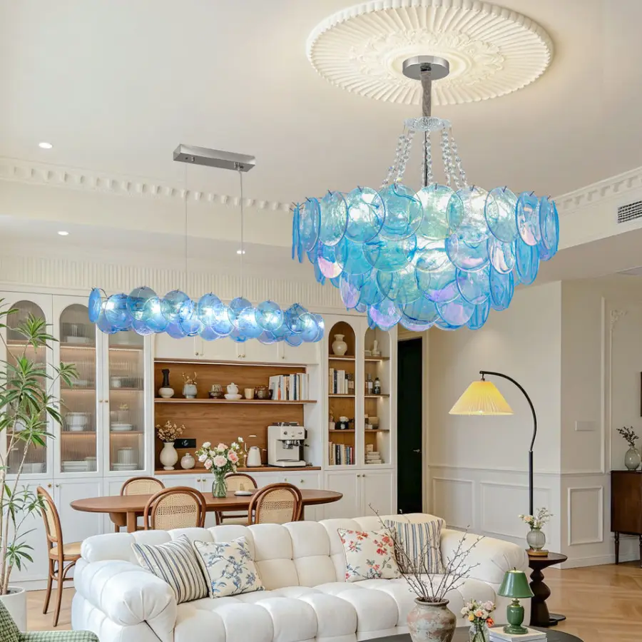 French Luxury Pendant Lamp Villa Wedding Banquet Hall Iron Blue Glass Ceiling Chandelier Light for Hotel Living Room Bed — view 2