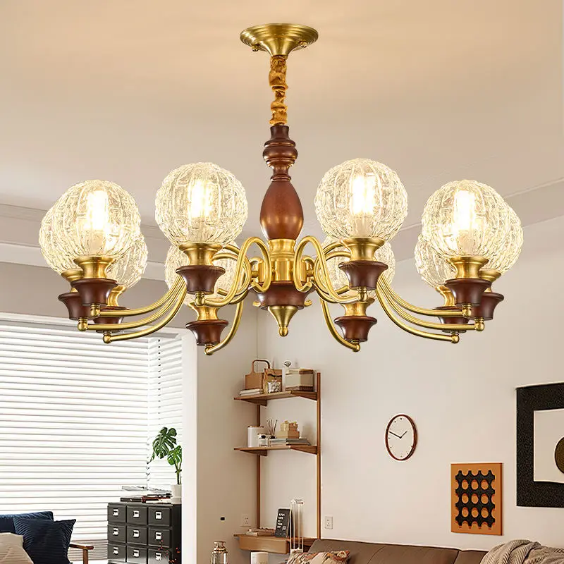 Luxury Modern Copper Home Restaurant Villa Lobby Glass LED Chandelier Light Hotel Livingroom Adjustable Height Pendant L — view 1