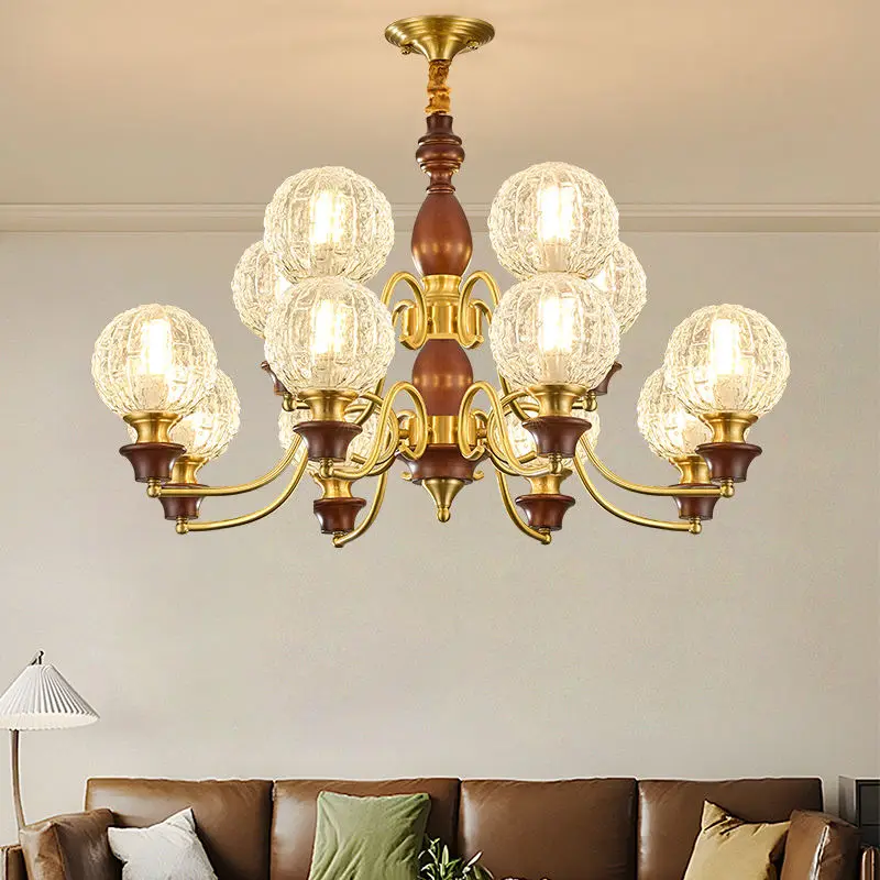 Luxury Modern Copper Home Restaurant Villa Lobby Glass LED Chandelier Light Hotel Livingroom Adjustable Height Pendant L — view 2