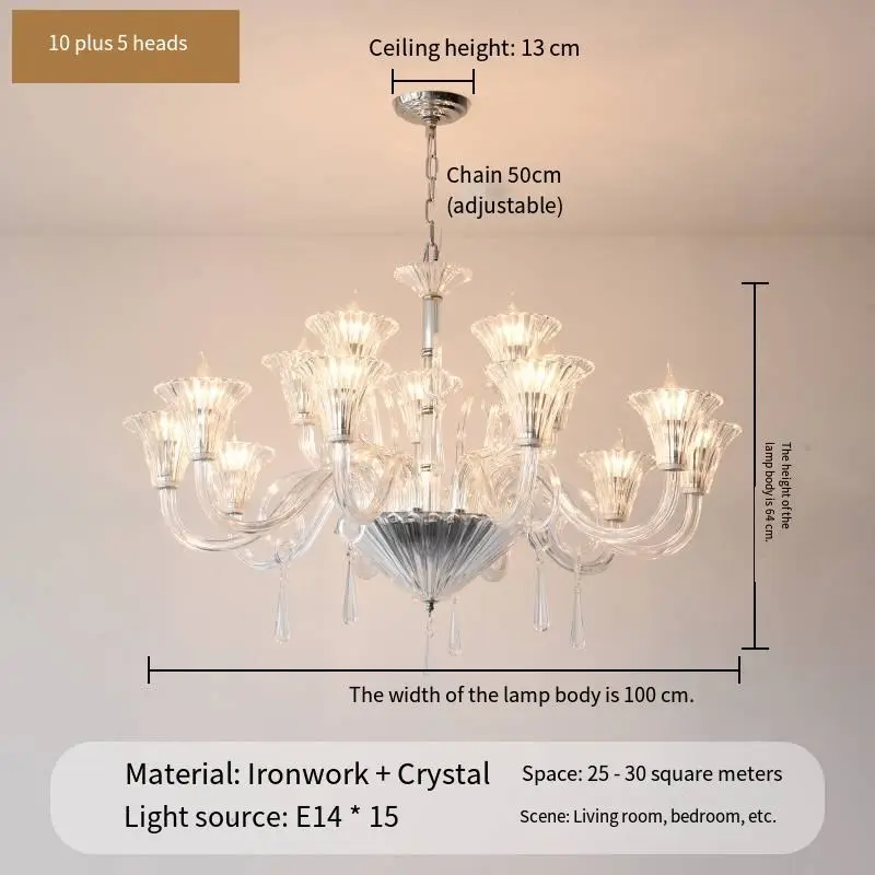 French Home Luxury Iron Glass LED AC Chandelier Light Ceiling Mounted Adjustable Height Pendant Lamp for Bedroom Living — view 4