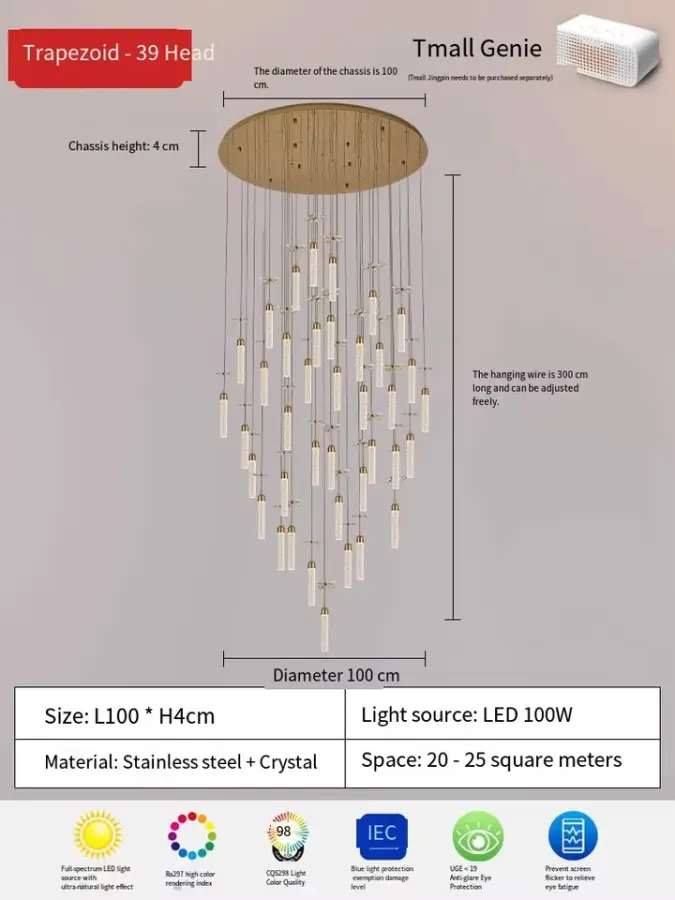 Large Luxury K9 Crystal LED Chandelier Square Pendant Lamp Remote Control for Villa Banquet Staircase Hotel Lobby Rotati — view 3