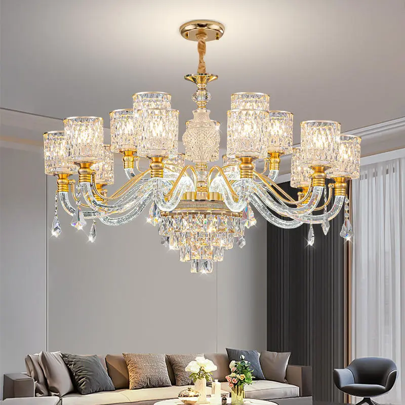 Modern European-Style Luxury Gold Crystal Dining Wedding Chandelier LED Pendant Lighting Adjustable Height Hanging Dimma — view 1