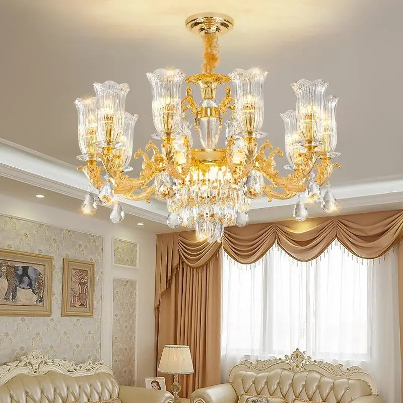 European Luxury Glass Modern Wedding Banquet Hall Gold Adjustable Height LED AC Ceiling Pendant Lamp Villa Living Room H — view 2