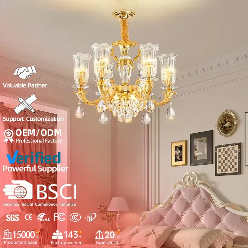 European Luxury Glass Modern Wedding Banquet Hall Gold Adjustable Height LED AC Ceiling Pendant Lamp Villa Living Room H — view 3