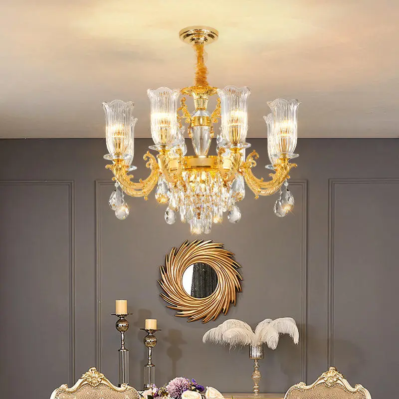 European Luxury Glass Modern Wedding Banquet Hall Gold Adjustable Height LED AC Ceiling Pendant Lamp Villa Living Room H — view 4