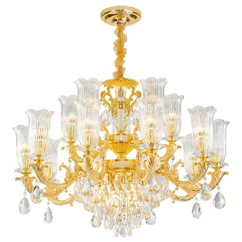 European Luxury Glass Modern Wedding Banquet Hall Gold Adjustable Height LED AC Ceiling Pendant Lamp Villa Living Room H — view 5