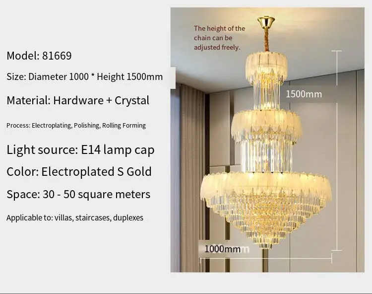 Villa Stair Luxury Crystal Large Hardware Chandelier Lamp LED Home Hotel Fixture Banquet Hall Ceiling Pendant Light Adju — view 3