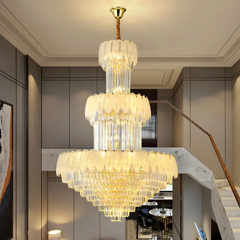 Villa Stair Luxury Crystal Large Hardware Chandelier Lamp LED Home Hotel Fixture Banquet Hall Ceiling Pendant Light Adju — view 4