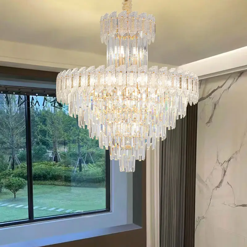 Luxury Modern Villa Gold Crystal LED Ceiling Chandelier Adjustable Height Pendant Lamp for Living Room Dimmable Middle L — view 1