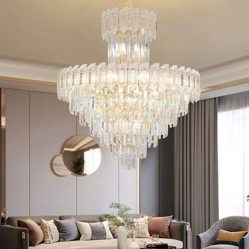 Luxury Modern Villa Gold Crystal LED Ceiling Chandelier Adjustable Height Pendant Lamp for Living Room Dimmable Middle L — view 2