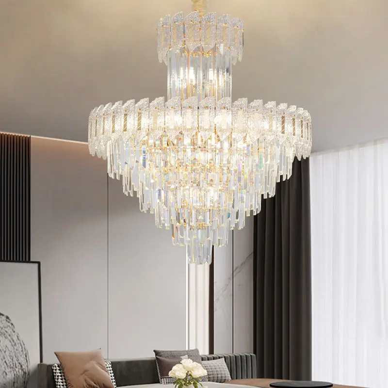 Luxury Modern Villa Gold Crystal LED Ceiling Chandelier Adjustable Height Pendant Lamp for Living Room Dimmable Middle L — view 3