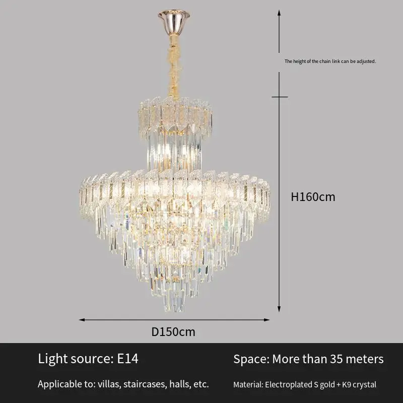 Luxury Modern Villa Gold Crystal LED Ceiling Chandelier Adjustable Height Pendant Lamp for Living Room Dimmable Middle L — view 5