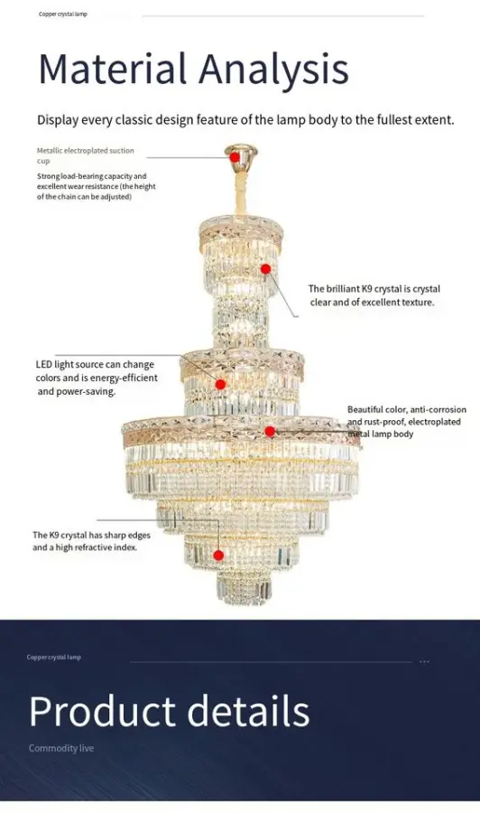 Luxury Crystal Large Hardware Chandelier Lamp Indoor LED Villa Stair Home Hotel Fixture Banquet Hall Ceiling Pendant Lig — view 6