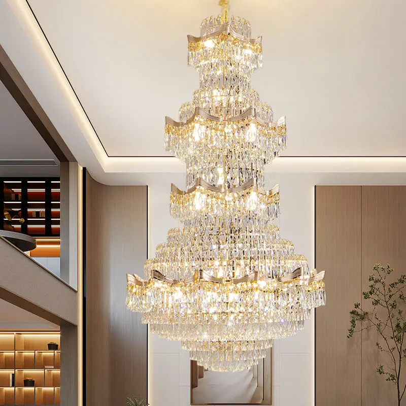 Luxury Crystal Large Chandelier Lamp Indoor Villa Stair Home Entrance Elegant Duplex Hotel Banquet Hall Ceiling Pendant — view 1