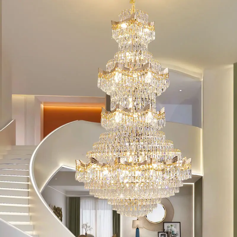 Luxury Crystal Large Chandelier Lamp Indoor Villa Stair Home Entrance Elegant Duplex Hotel Banquet Hall Ceiling Pendant — view 2
