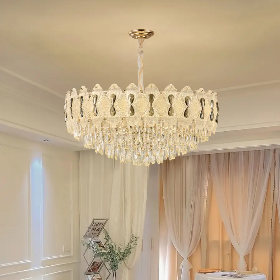 Luxury Crystal Iron Round Villa Banquet Hall Chandelier Light Home Hotel Decor Hotel Livingroom Adjustable Height Pendan — view 1