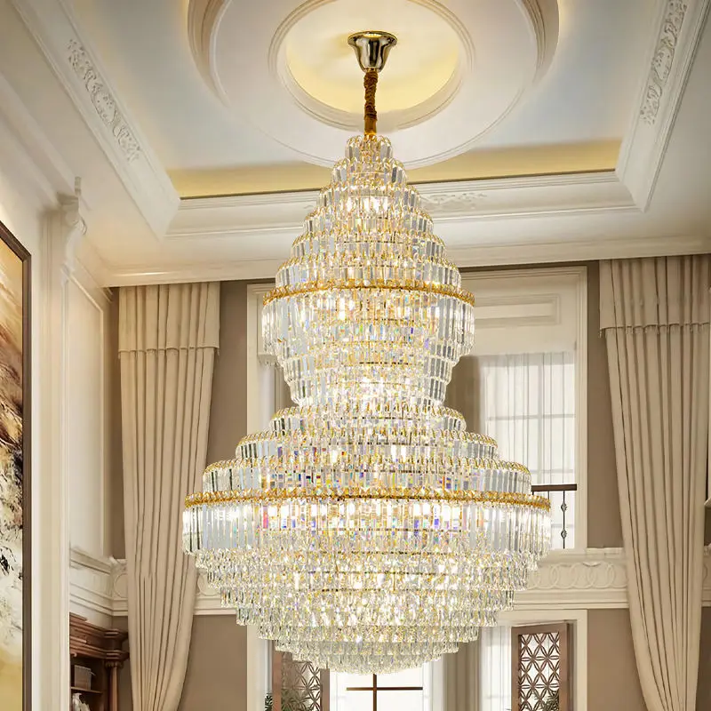 Luxury Large Villa Stair Gold K9 Crystal Banquet Hall Ceiling Chandelier Light for Livingroom Hotel Home Corridor Pendan — view 1