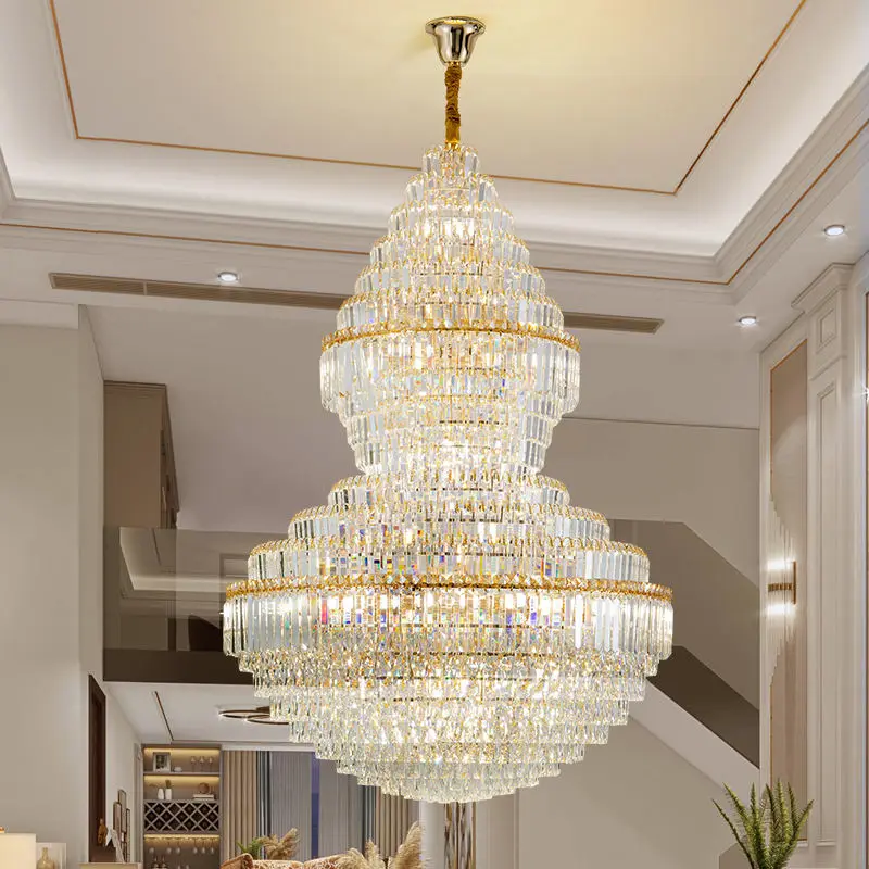 Luxury Large Villa Stair Gold K9 Crystal Banquet Hall Ceiling Chandelier Light for Livingroom Hotel Home Corridor Pendan — view 3