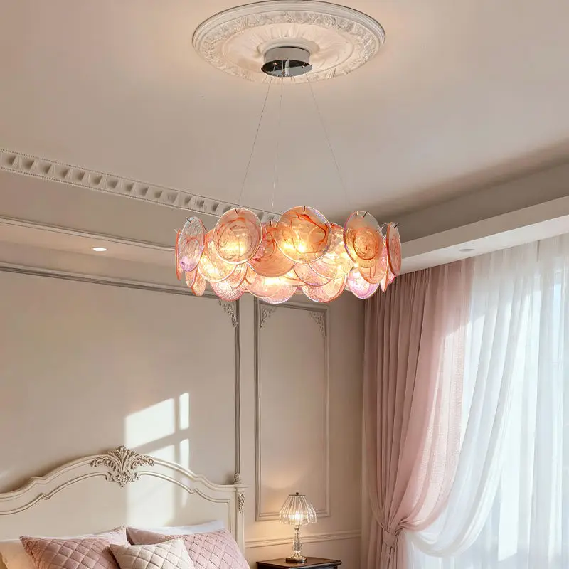Luxury Modern Adjustable Height Pink Iron Glass LED Chandelier Lamp for Living Room Home Decor Pendant Hanging — view 1