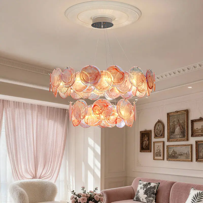 Luxury Modern Living Room Pink Iron Glass LED Chandelier with Adjustable Height Hanging Middle Size Ceiling Pendant Ligh — view 2