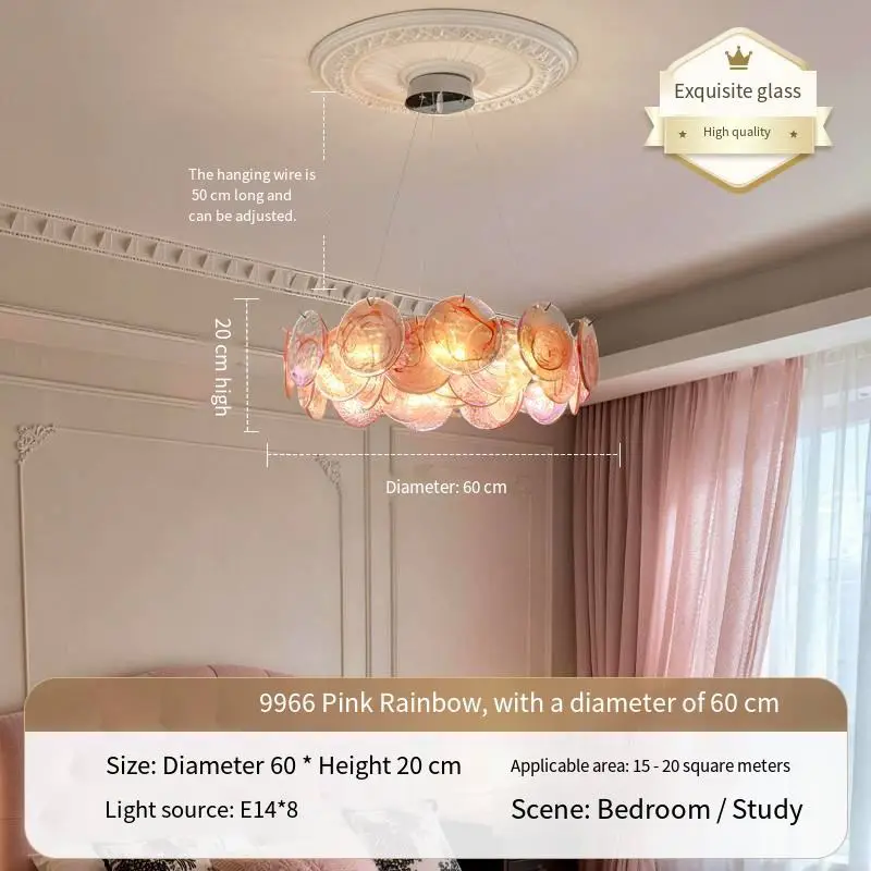 Luxury Modern Adjustable Height Pink Iron Glass LED Chandelier Lamp for Living Room Home Decor Pendant Hanging — view 3