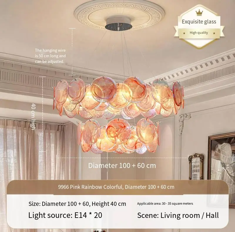 Luxury Modern Living Room Pink Iron Glass LED Chandelier with Adjustable Height Hanging Middle Size Ceiling Pendant Ligh — view 4