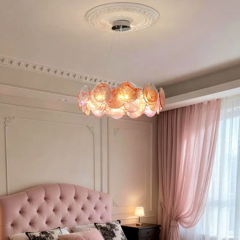 Luxury Modern Adjustable Height Pink Iron Glass LED Chandelier Lamp for Living Room Home Decor Pendant Hanging — view 5