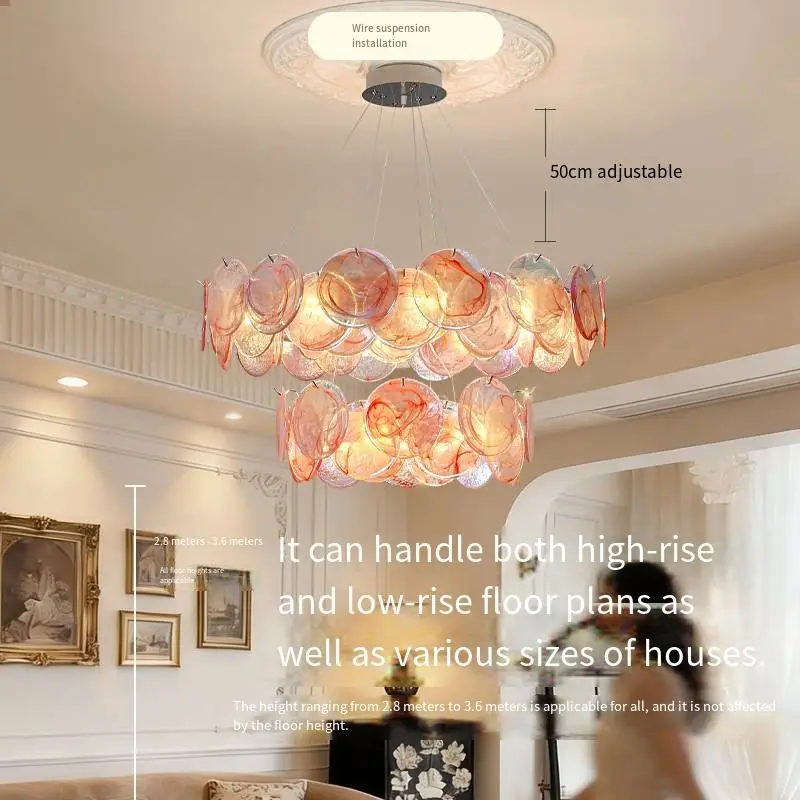Luxury Modern Living Room Pink Iron Glass LED Chandelier with Adjustable Height Hanging Middle Size Ceiling Pendant Ligh — view 6